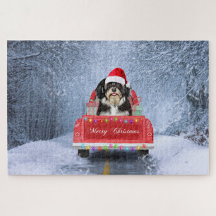 Havanese Hund im Schnee sitzend im Weihnachtswagen Puzzle
