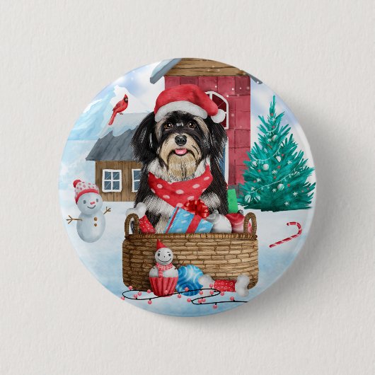 Havanese Hund im Schnee Weihnachtshaus Button (Vorderseite)