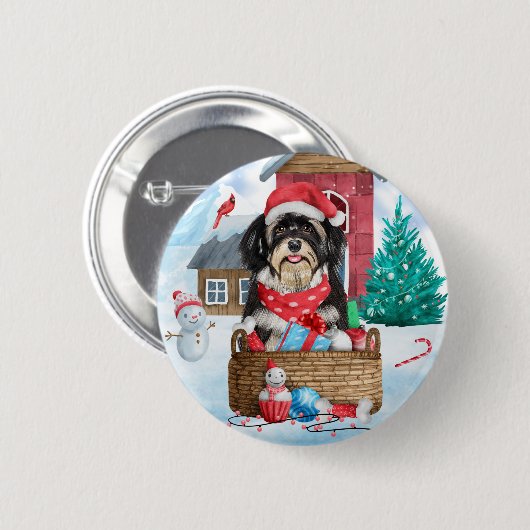 Havanese Hund im Schnee Weihnachtshaus Button (Vorne & Hinten)