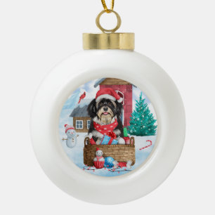 Havanese Hund im Schnee Weihnachtshaus Keramik Kugel-Ornament