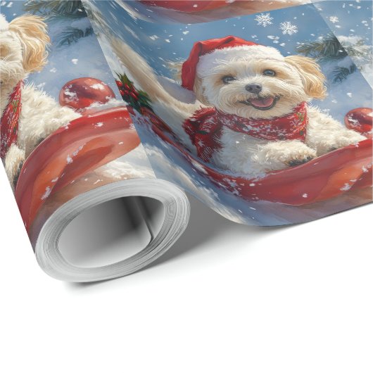 Havanese Hund in Sledge Lass es Schnee Weihnachten Geschenkpapier (Rolleneckpunkt)