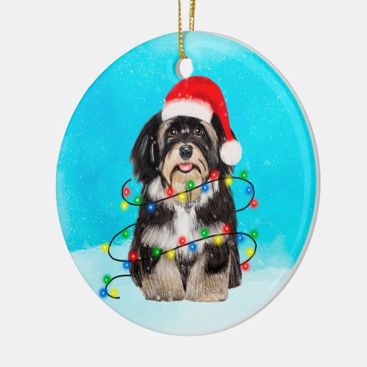 Havanese Hund sitzt im Schnee Weihnachtshutt Licht Keramik Ornament (Links)