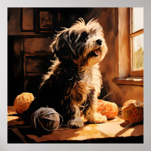 Havanese Hunde spielen mit einem Ball-Yarn Vintag Poster