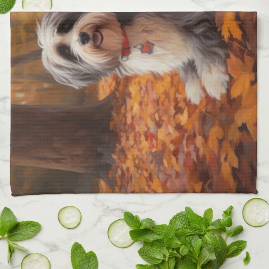 Havanese im Herbst Leaves Fall Inspiriert Geschirrtuch (Gefaltet)
