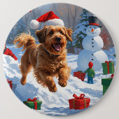 Havanese läuft in Schnee mit Weihnachtshut Button (Vorderseite)