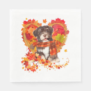 Havanese mit Herzstück aus Herbstblättern Serviette