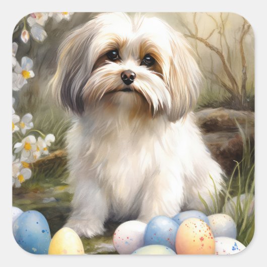 Havanese mit Ostereiern Quadratischer Aufkleber (Vorderseite)