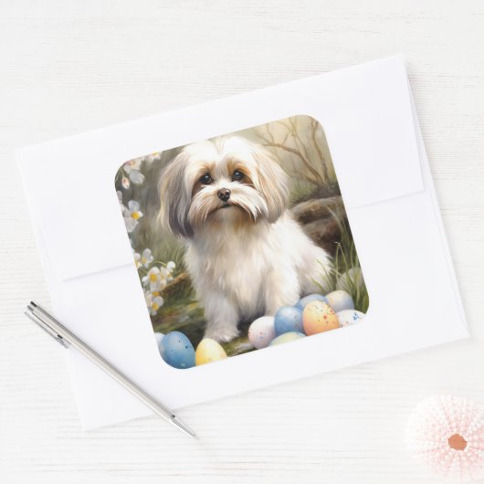 Havanese mit Ostereiern Quadratischer Aufkleber (Umschlag)
