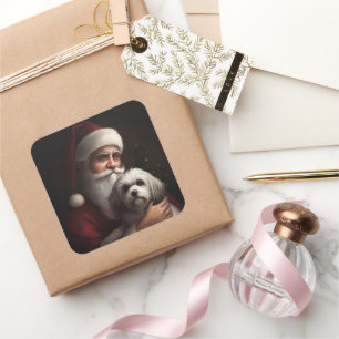 Havanese mit Weihnachtsmann Festives Weihnachten Quadratischer Aufkleber