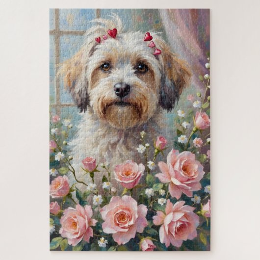 Havanese Peeking from Valentine's Rose Bouquet Puzzle (Vertikal)