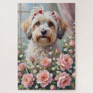 Havanese schaut hinter einem Valentinsrosenstrauß Puzzle