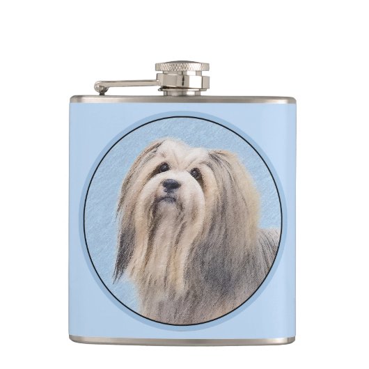 Havanese (Silber) Malerei - Niedliche Original Hun Flachmann (Vorderseite)