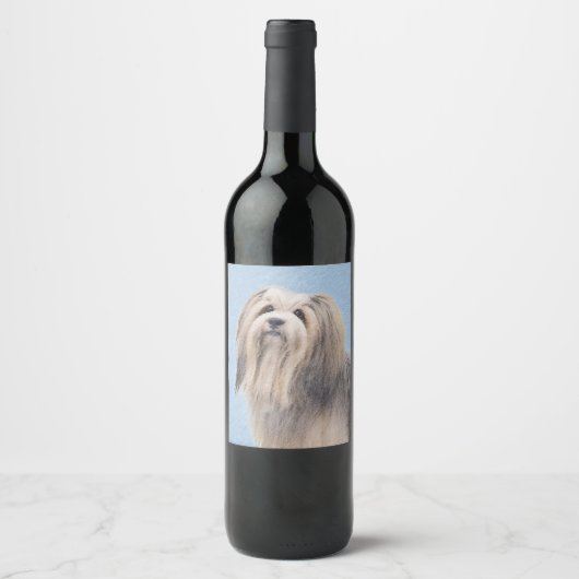 Havanese (Silber) Malerei - Niedliche Original Hun Weinetikett (Vorderseite)