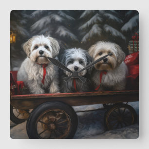 Havanese Snowy Sleigh Weihnachtsdekor Quadratische Wanduhr