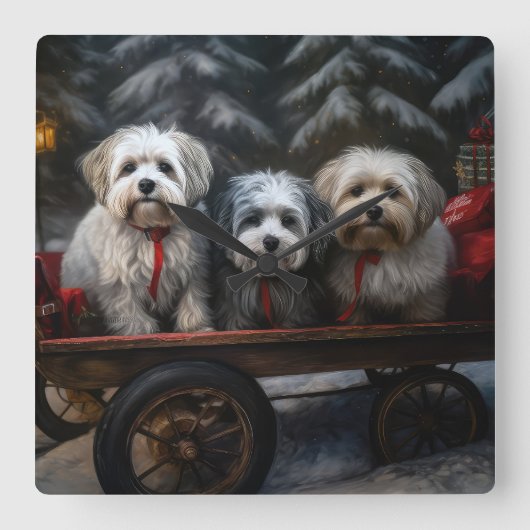 Havanese Snowy Sleigh Weihnachtsdekor Quadratische Wanduhr (Vorderseite)