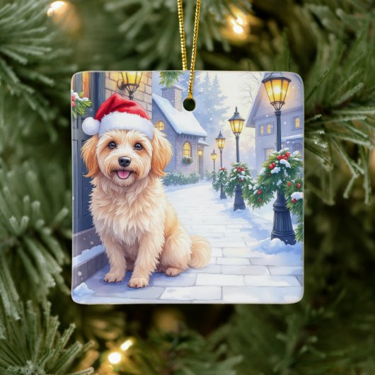 Havanese Snowy Village Walk Santa Hat Christmas Keramikornament (Baum)