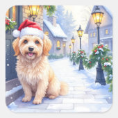 Havanese Snowy Village Walk Santa Hat Christmas Quadratischer Aufkleber (Vorderseite)