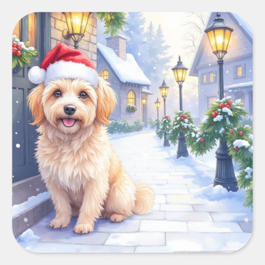 Havanese Snowy Village Walk Santa Hat Christmas Quadratischer Aufkleber (Vorderseite)