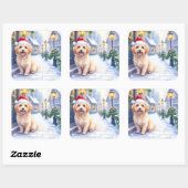 Havanese Snowy Village Walk Santa Hat Christmas Quadratischer Aufkleber (Blatt)