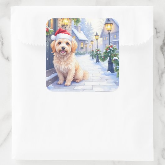 Havanese Snowy Village Walk Santa Hat Christmas Quadratischer Aufkleber (Tasche)