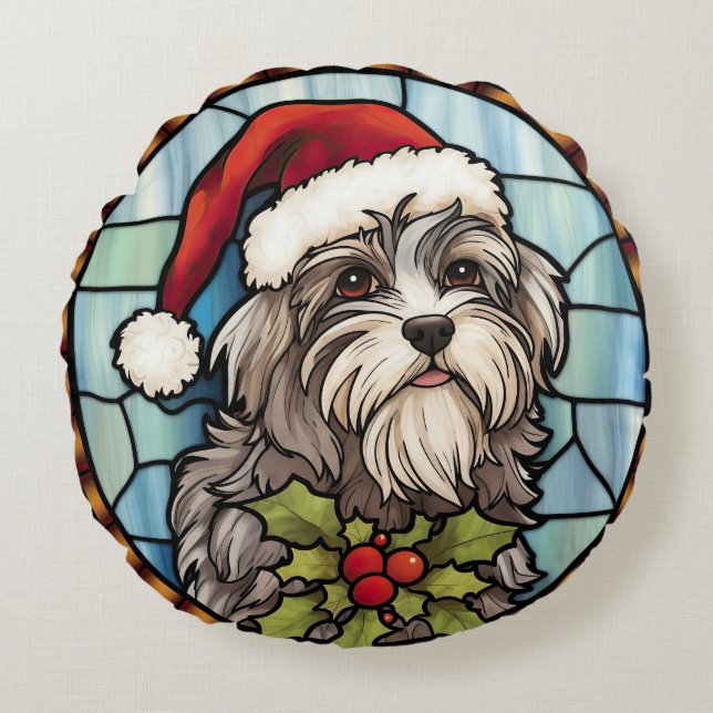 Havanese Stached Glass Christmas Rundes Kissen (Vorderseite)