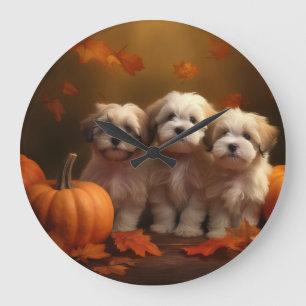 Havanese Welpe Herbstfreude Kürbis Große Wanduhr