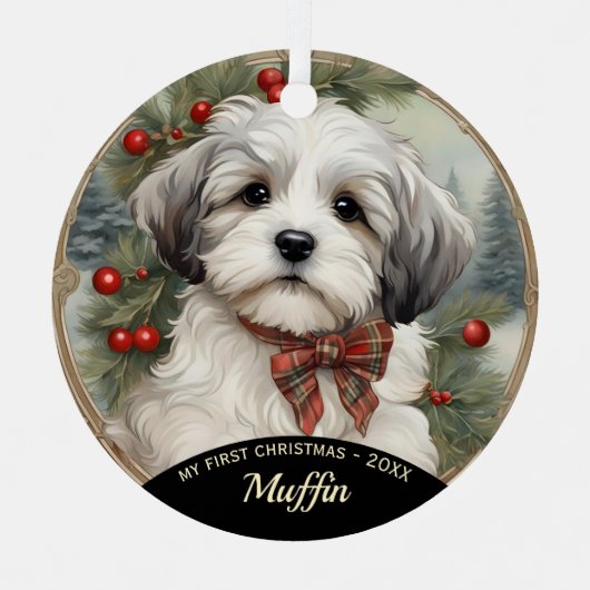 Havanese Welppy's First Christmas Ornament Aus Metall (Vorderseite)