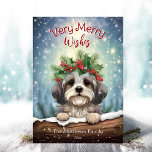 Havanese Winter Wonderland Weihnachts Haustier Por Feiertagskarte<br><div class="desc">Diese bezaubernde Urlaubskarte enthält eine niedliche Havanische Hundeschild mit einem festlichen Kronkranz aus Winterfloralen, Heiligen, Kiefern und Beeren, mit Schneeflocken, die sanft gegen eine herrliche Winterwunderlandschaft abfallen. Die kleinen Havanesen gucken über den schneebedeckten Stein, um Hallo zu sagen! Der spielerische Text "Very Merry Wishings" fügt einen warmen, saisonalen Gruß hinzu...</div>