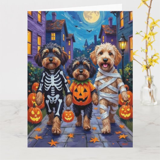 Havanische Hunde Trick-oder-Treating Halloween-Kos Karte (Gelbe Blume)