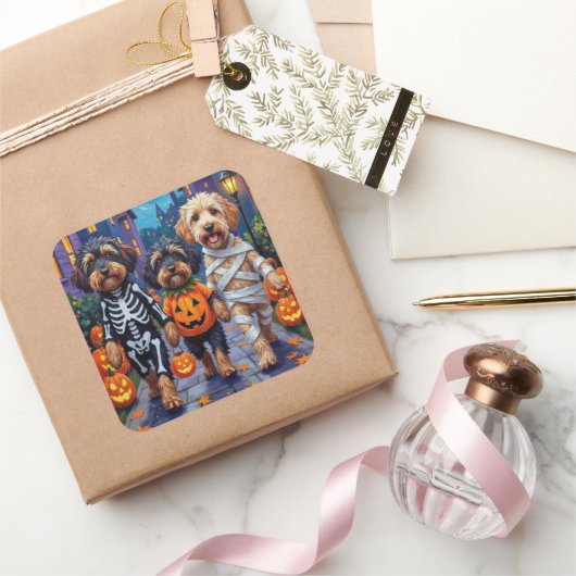 Havanische Hunde Trick-oder-Treating Halloween-Kos Quadratischer Aufkleber (Schenken)
