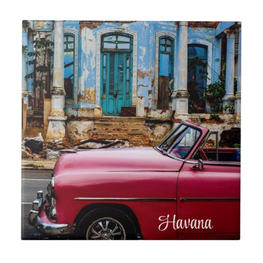 Havanna Kuba Rotes Oldtimer Auto            Fliese (Vorderseite)