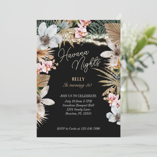 Havanna Nights Tropical Floral Kuban 30. Geburtsta Einladung (Stehend Vorderseite)