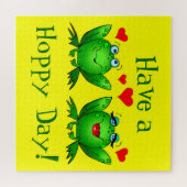 Have a Hoppy Day Cute Cartoon Frogs Green Yellow Puzzle (Horizontal)