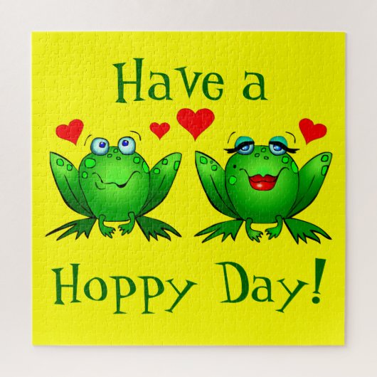 Have a Hoppy Day Cute Cartoon Frogs Green Yellow Puzzle (Vertikal)