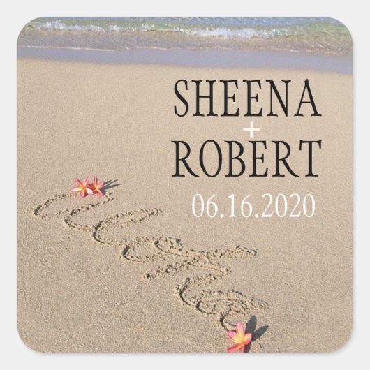 Hawaii Aloha Plumeria Blume Beach Wedding Custom Quadratischer Aufkleber (Vorderseite)
