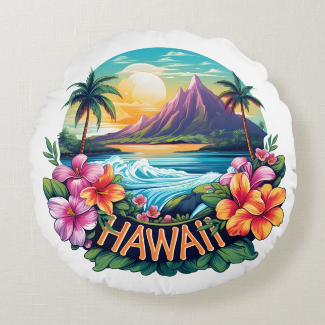 Hawaii Aloha Tropical Beach Mountain Travel Rundes Kissen (Vorderseite)