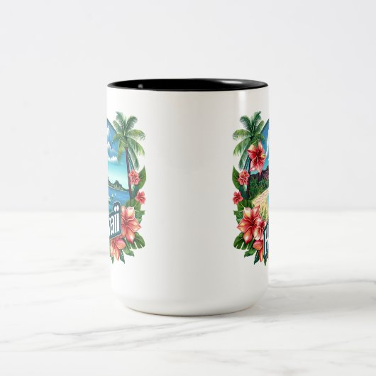 Hawaii Beach Mountains Tropische Blume Zweifarbige Tasse (Mittel)