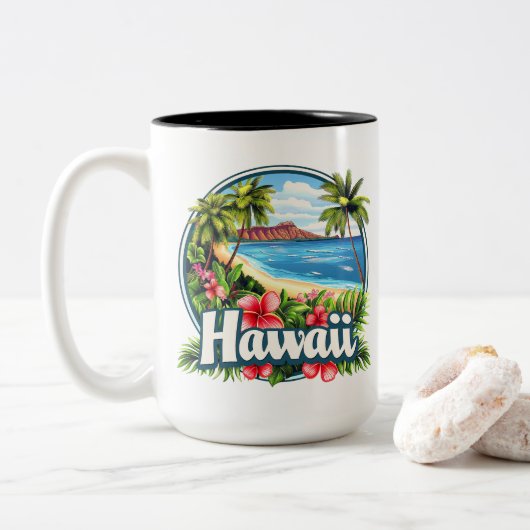 Hawaii Beach Tropical Blume Zweifarbige Tasse (Mit Donut)