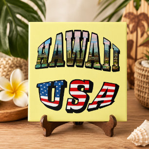 Hawaii Bild und USA Flagge Text Fliese