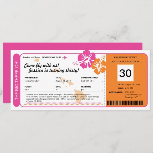 Hawaii Birthday Boarding Pass Einladung (Vorne/Hinten)