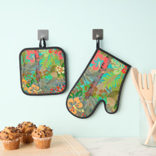 Hawaii Blume Hula Vintage Blumengrafik Ofenhandschuh & Topflappen-Set