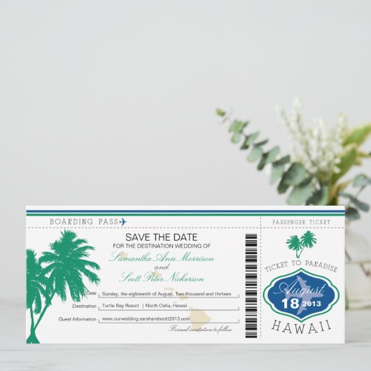 Hawaii Boarding Pass Save the Date (Stehend Vorderseite)