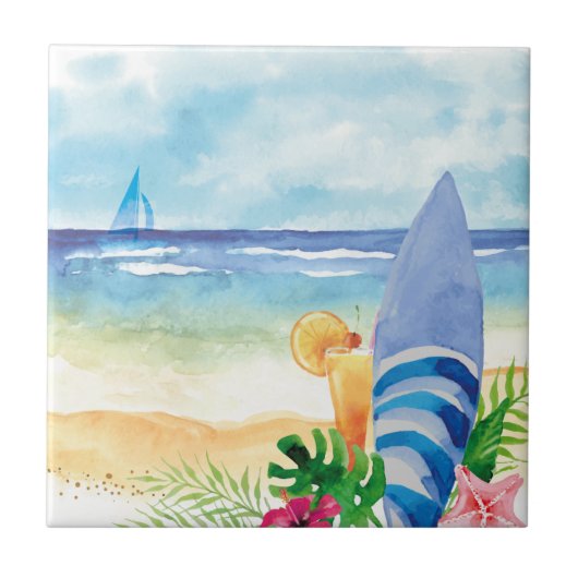 Hawaii-Brandungs-Ferien - Aquarell-Kunst Fliese (Vorderseite)