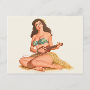 Hawaii Button-Up Girl spielt kleine Gitarre, Maler Postkarte