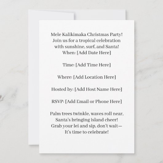 Hawaii christmas party Hawaii “Mele Kalikimaka!” Einladung (Rückseite)