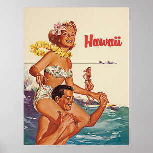 Hawaii, glückliches Surfer-Paar, Vintage-Reise Poster