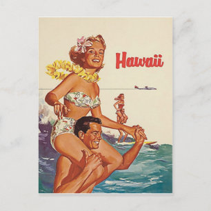 Hawaii, glückliches Surfer-Paar, Vintage-Reise Postkarte