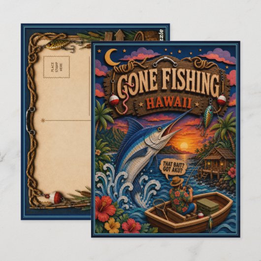 Hawaii Gone Fishing Blauer Marlin Postkarte (Vorne/Hinten)