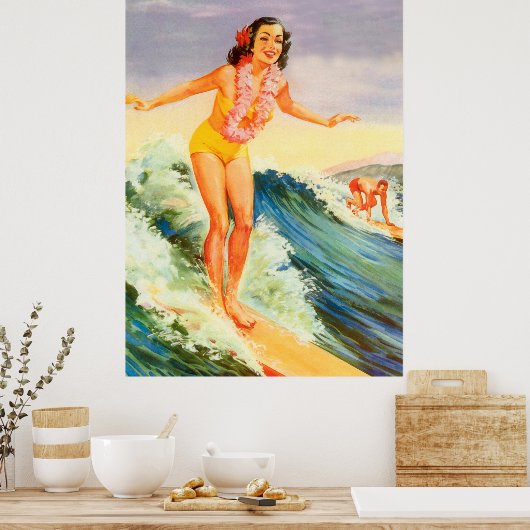 Hawaii, Hawaii-Surfer-Mädchen auf einer großen Wel Poster (Küche)