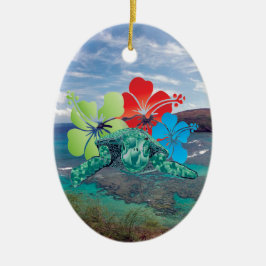 Hawaii-Hibiskus-Blumen und Schildkröte Keramikornament